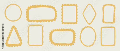 Cute hand drawn doodle frames and borders set in mustard yellow, vector collection of various decorative shapes for modern design.
