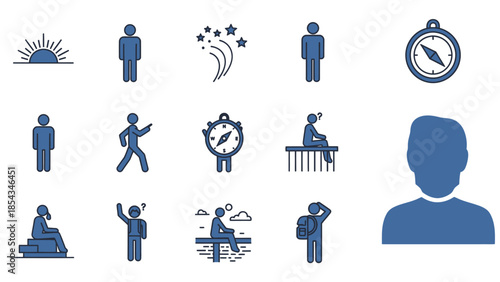 A collection of blue icons depicting people in various activities, a compass, sunrise, and fireworks, representing daily life and exploration.