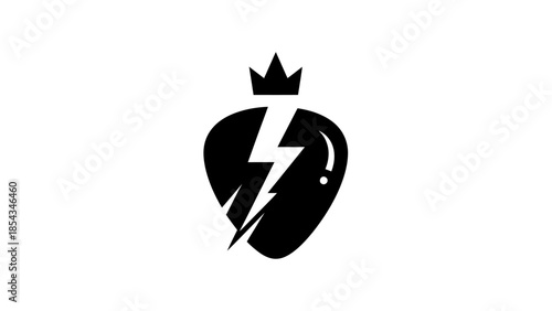 A black and white logo featuring a stylized strawberry with a crown and a lightning bolt splitting it down the middle.