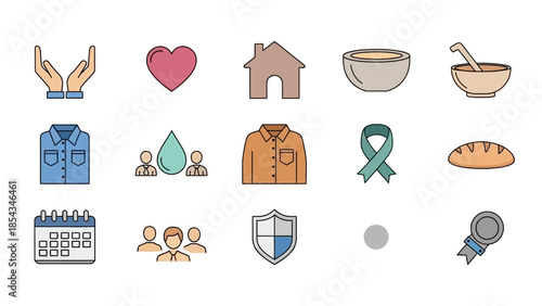 Collection of flat design icons representing social issues, charity, and community support.