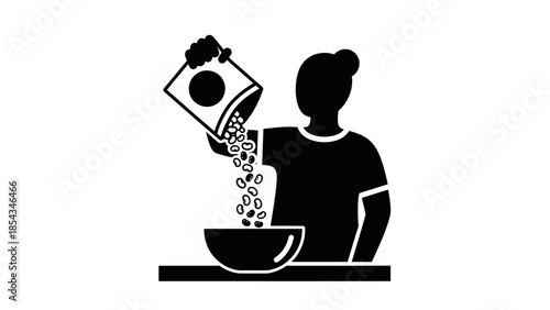 Silhouette of a person pouring breakfast cereal from a box into a bowl.