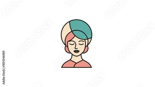 A minimalist flat illustration of a woman with a serene expression and a colorful headwrap.