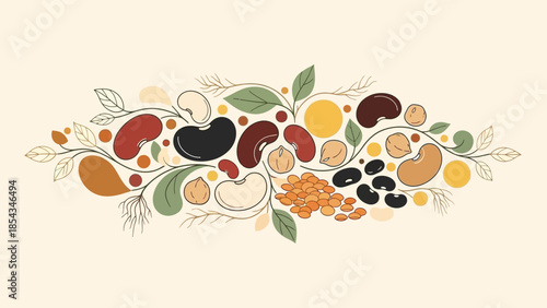 A decorative illustration showcasing a variety of colorful beans, legumes, and pulses arranged with botanical elements on a light background.