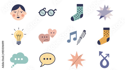 A collection of diverse flat design icons including faces, glasses, socks, lightbulbs, speech bubbles, music notes, and abstract symbols.