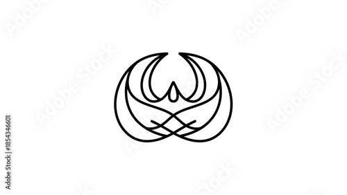 Abstract black line art logo with symmetrical curved lines resembling a stylized crown or phoenix on a white background.