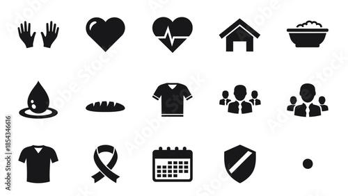 A collection of black silhouette icons representing various social issues, charity, health, and basic human needs like food, water, shelter, and community.