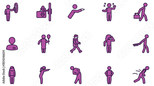Set of diverse purple outline icons illustrating people in different situations and movements, showcasing various human actions and postures.