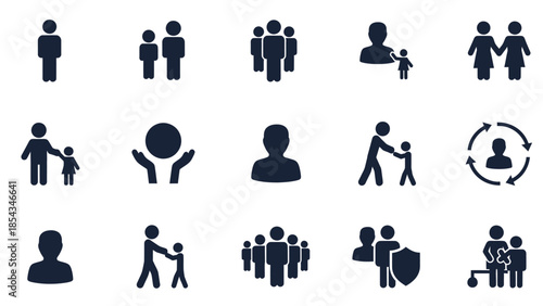 A comprehensive set of silhouette icons illustrating various human relationships, family dynamics, and community concepts.