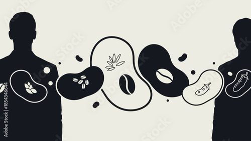 Minimalist graphic illustration depicting two human silhouettes interacting with various plant-based seeds and beans, symbolizing natural ingredients and their effects.