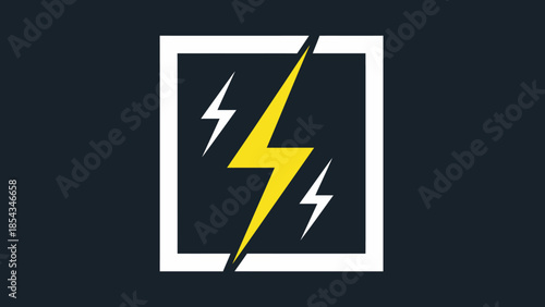 Dynamic lightning bolt symbol in a white square frame on a dark background, representing power and energy.