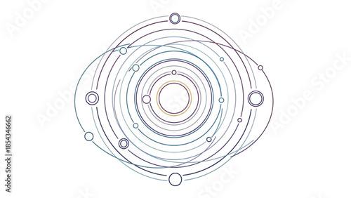 A stylized abstract representation of concentric and overlapping circles and ellipses, suggesting a cosmic or atomic structure with orbiting elements.