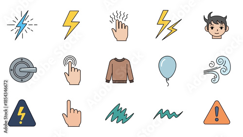 A collection of icons depicting various aspects of electricity, static charge, and related warning signs, including lightning bolts, hands, a sweater, a balloon, and warning triangles.
