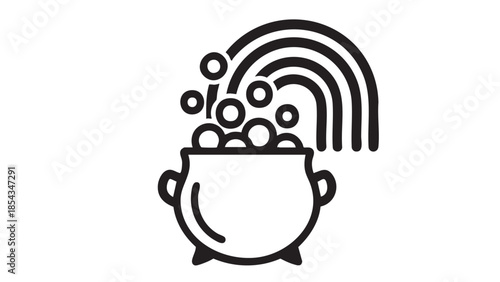 Illustration of a cauldron with bubbles and a rainbow emanating from it, symbolizing magic and fantasy