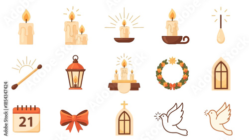 A collection of flat design icons depicting various religious and celebratory symbols including candles, lanterns, wreaths, church windows, doves, and a calendar.