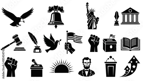 A collection of black silhouette icons representing American patriotic symbols, democracy, justice, and historical figures.
