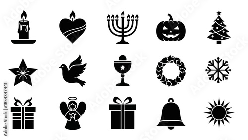 Collection of black silhouette icons representing various holiday, religious, and festive symbols on a white background.