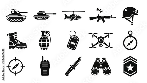 A collection of black and white military icons including tanks, helicopter, rifle, helmet, boot, grenade, drone, compass, radio, knife, and binoculars.