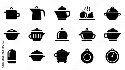 Collection of black silhouette icons depicting various kitchenware, cooking pots, kettles, and a timer, all related to culinary activities.