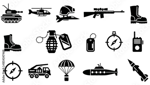 Collection of black and white military equipment and army gear icons on a white background.
