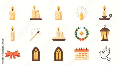 A collection of flat design icons depicting various elements related to light, celebration, religion, and remembrance, including candles, lanterns, windows, a wreath, a calendar, and a dove.