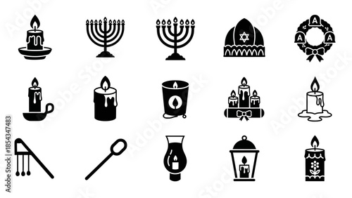 A collection of black and white icons depicting various candles, menorahs, a wreath, and religious headwear, symbolizing celebration and tradition.
