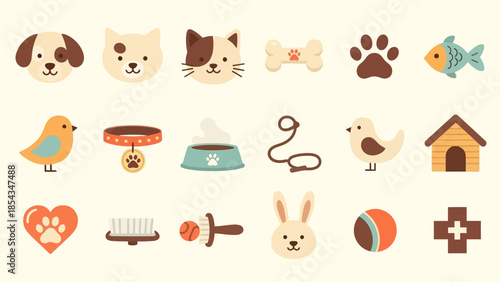A collection of cute flat design pet icons and accessories including dogs, cats, birds, fish, and various pet care items on a light background.