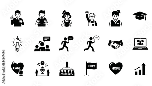 A collection of black and white icons representing various concepts like communication, education, community, business, care, hope, and social interaction.