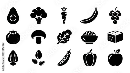 Collection of black silhouette icons representing various healthy food items like fruits, vegetables, nuts, and grains on a white background.