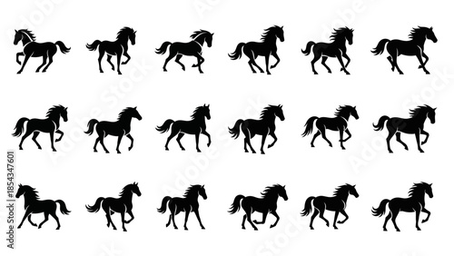 Black horse running animation sprite sheet showing various movement frames and poses on a white background.
