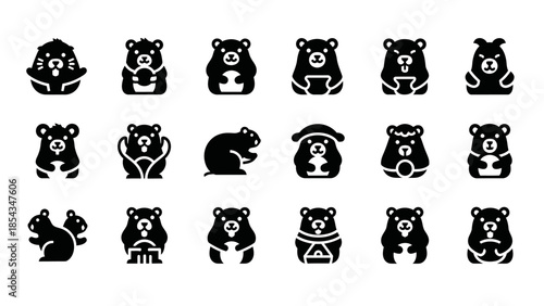 Collection of black silhouette animal icons, featuring various bear designs, a squirrel, and a beaver, in a simple, cartoonish style.