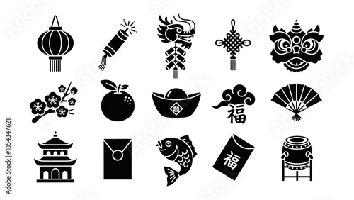 A collection of black silhouette icons representing various traditional Chinese New Year and cultural symbols on a white background.