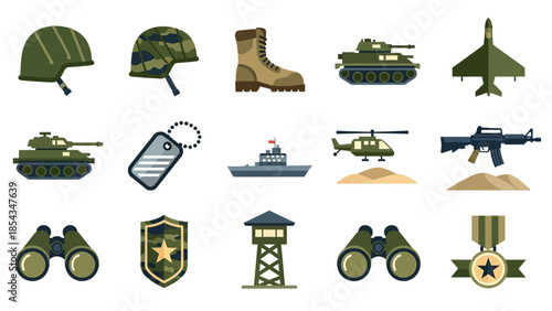 A comprehensive collection of flat design military icons, featuring various vehicles, gear, and symbols of armed forces.