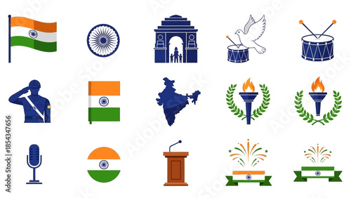 Collection of Indian national symbols and independence day celebration icons, including flag, map, monuments, and festive elements.