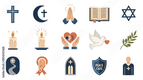 A comprehensive collection of flat design icons representing various religious symbols, spiritual practices, and interfaith concepts, including Christianity, Judaism, and themes of peace and care.