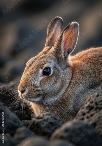 Cute rabbit portrait in rocky terrain with alert expression