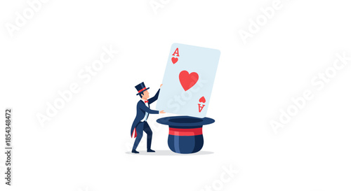 Magician performing card trick with a top hat and playing card.