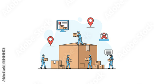 Logistics and delivery service with workers packing and shipping packages.