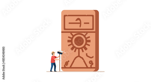 Man cleaning a large ancient tablet with hieroglyphs a symbol of history and knowledge.