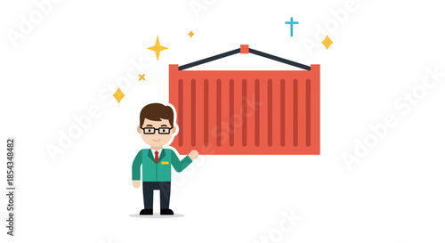 Man presenting a large shipping container logistics and transport concept.