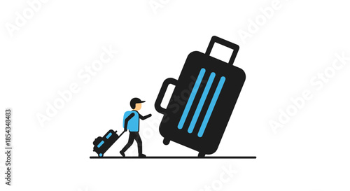 Man struggles to move a huge suitcase travel concept heavy luggage.