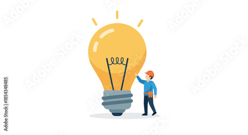 Man with a red hat touching a giant light bulb idea concept.