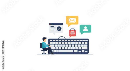 Man working on a keyboard with social media icons.