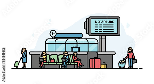 People waiting at the airport terminal for their scheduled flights to depart from the gate.