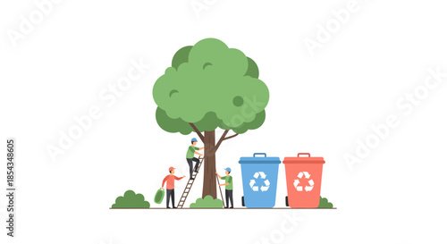 People working together to plant a tree and recycle waste for a better environment.