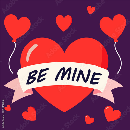 Red heart with "Be Mine" banner and balloons, perfect for Valentine's Day celebrations