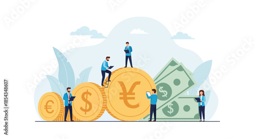 People working with money and currency symbols financial concept.