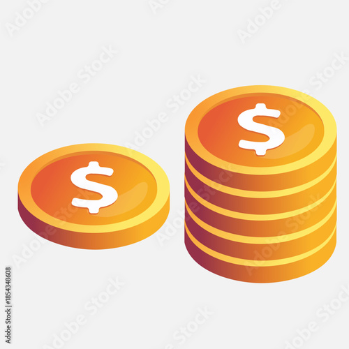 Golden coins with dollar signs stacked and isolated on a white background