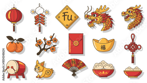 Chinese New Year Symbols Collection: Dragon, Lantern, Fu, Dumplings, Fan, Drum