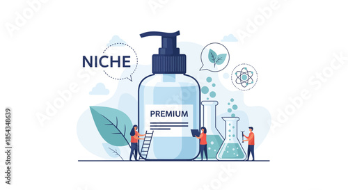 Premium niche skincare product with scientific elements and laboratory concept.