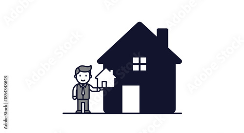Real estate agent presenting a small house model in front of a big house.
